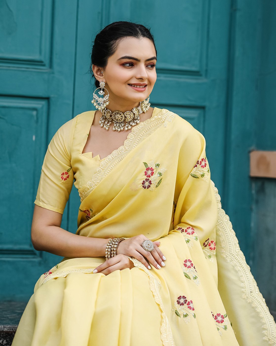 -1117Wx1400H-700154826-yellow-MODEL3 Women Embroidered Saree with Contrast Border - Image 3