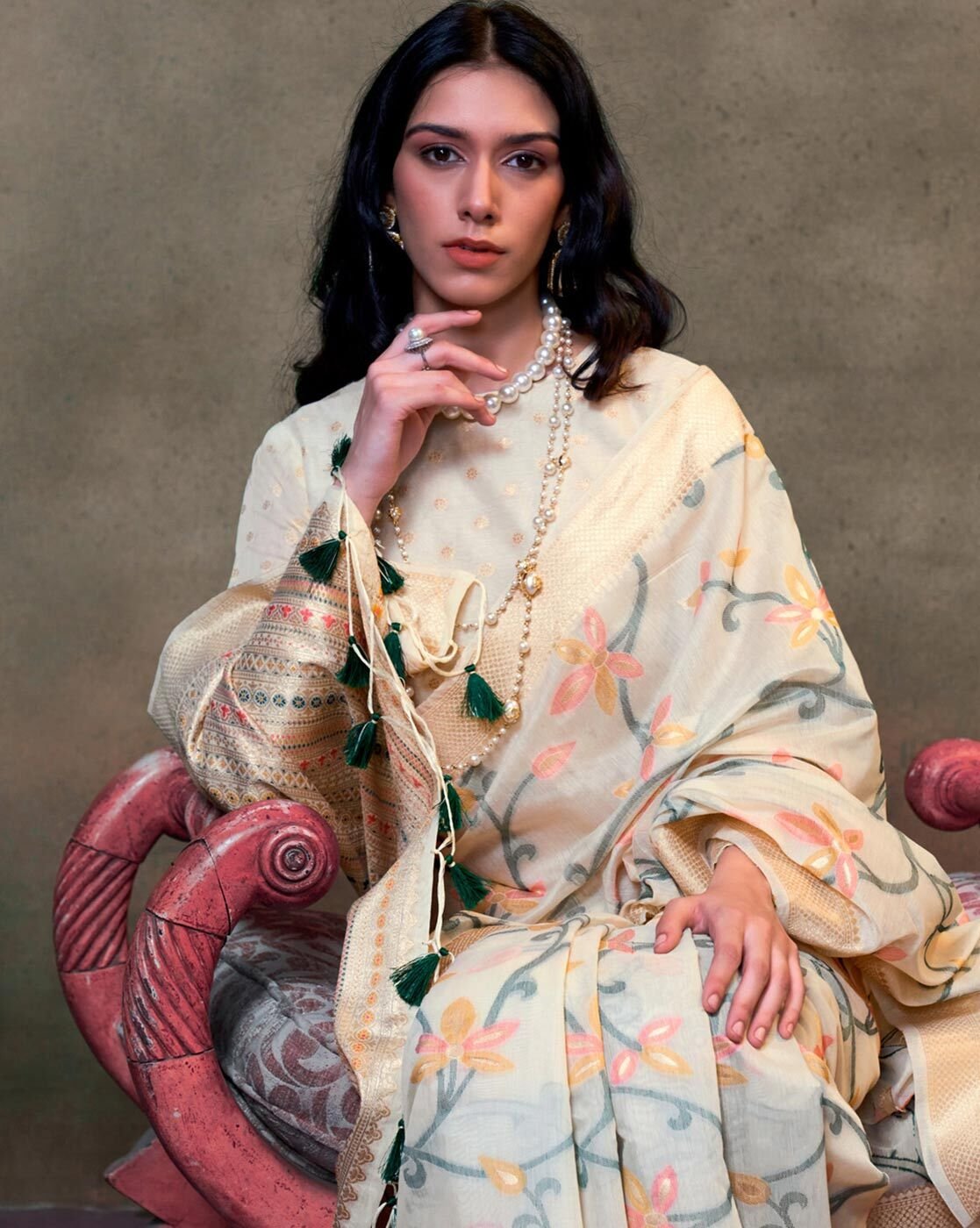 -1117Wx1400H-700186871-cream-MODEL2 Women Floral Woven Silk Saree with Tassels - Image 2