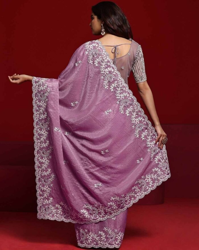 Women Embroidered Saree with Scalloped Border - Image 5