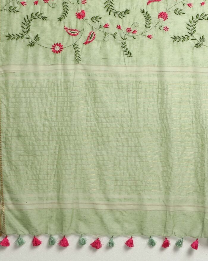Embroidered Hand Dyed Linen Silk Saree - Image 4