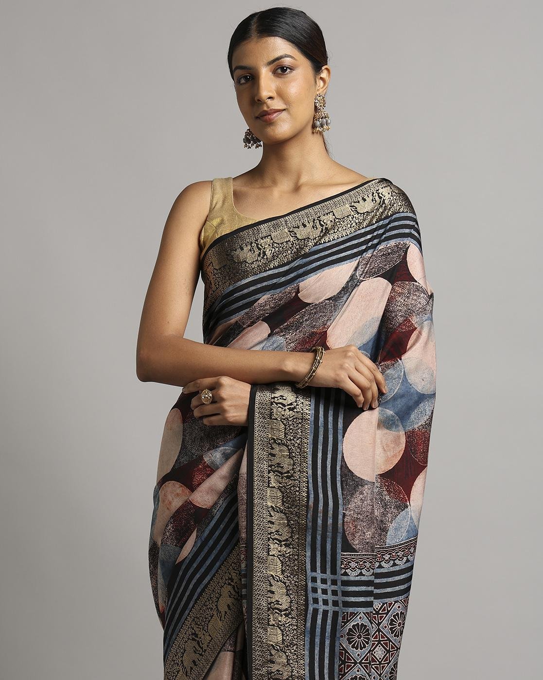 -1117Wx1400H-700539956-black-MODEL3 Handblock Bagru Print Handwoven Saree with Contrast Border - Image 3