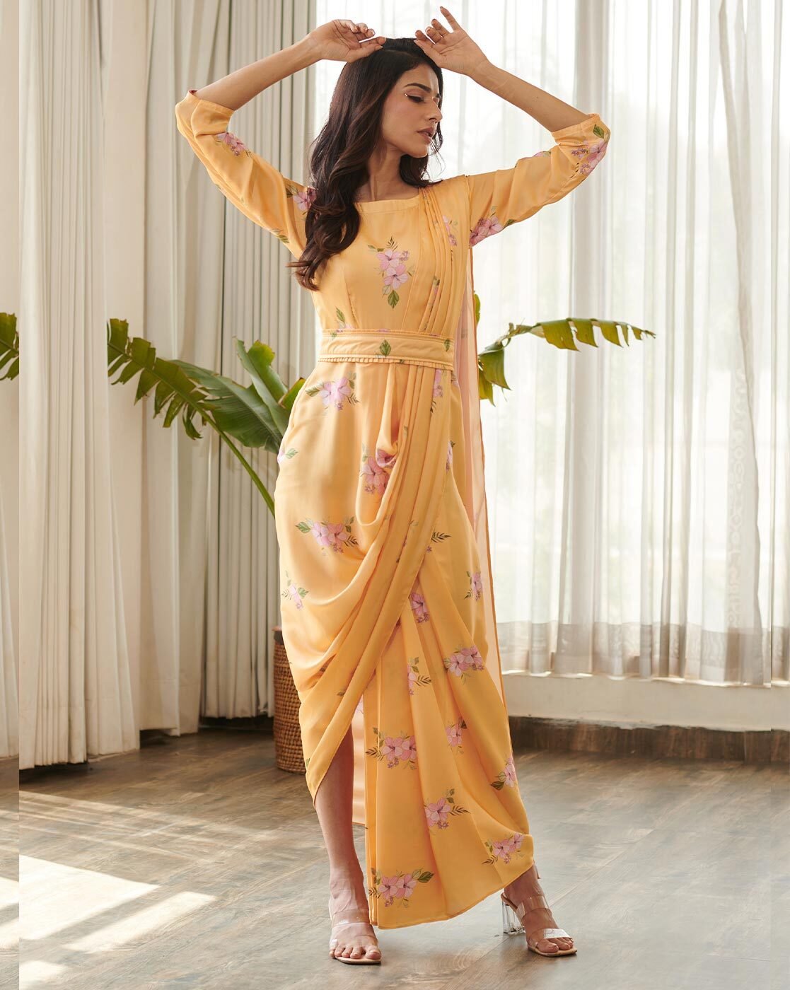 -1117Wx1400H-700744935-yellow-MODEL5 Women Saree Dress Pre-stitched Saree - Image 3