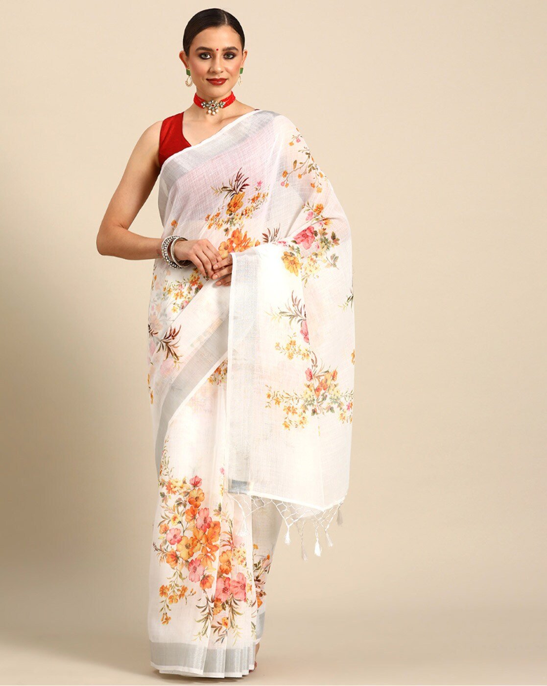 -1117Wx1400H-700764776-white-MODEL - Copy Women Floral Print Saree with Tassels - Image 1