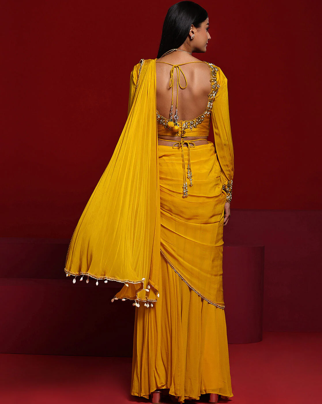 -1117Wx1400H-700819399-mustard-MODEL4 Women Mustard Beads Embellished Top with Draped Saree - Image 3