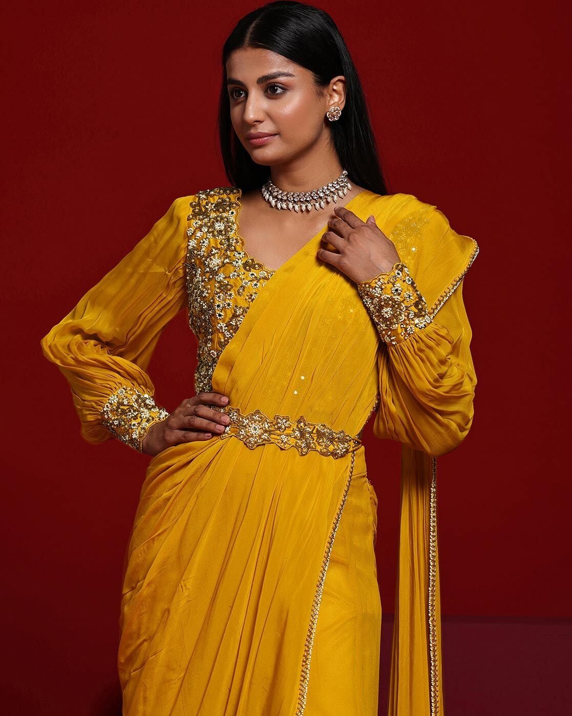 -1117Wx1400H-700819399-mustard-MODEL7 Women Mustard Beads Embellished Top with Draped Saree - Image 2