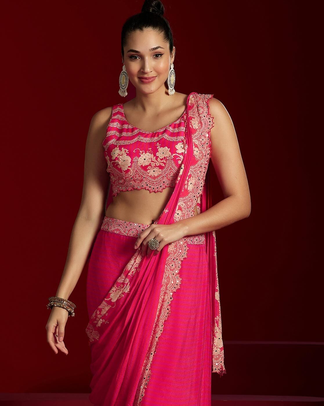 -1117Wx1400H-700819403-pink-MODEL5 Women Pink Floral Printed Chinnon Lehenga Saree - Image 2