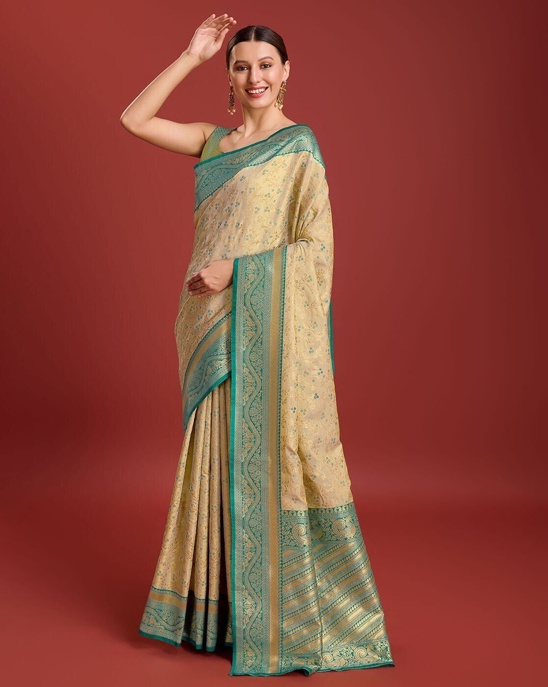 -1117Wx1400H-701020421-beige-MODEL2 Women Banarasi Silk Saree With Blouse Piece - Image 5