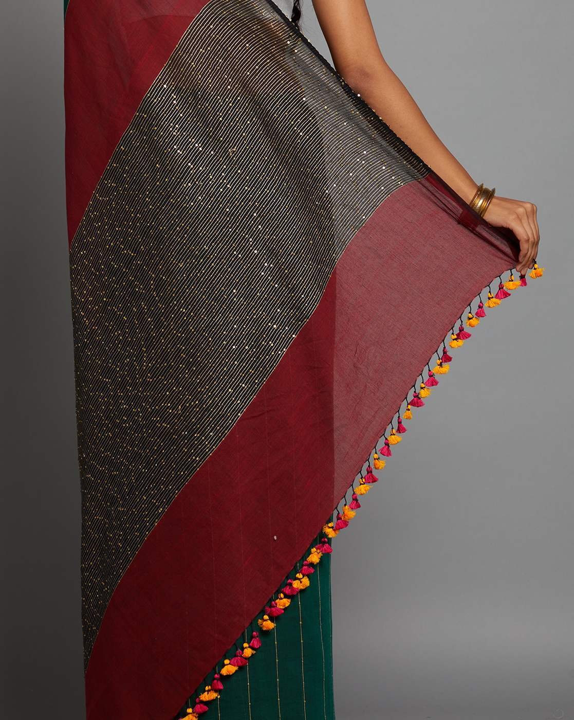 -1117Wx1400H-701036579-green-MODEL4 Women Sequins Cotton Saree - Image 3