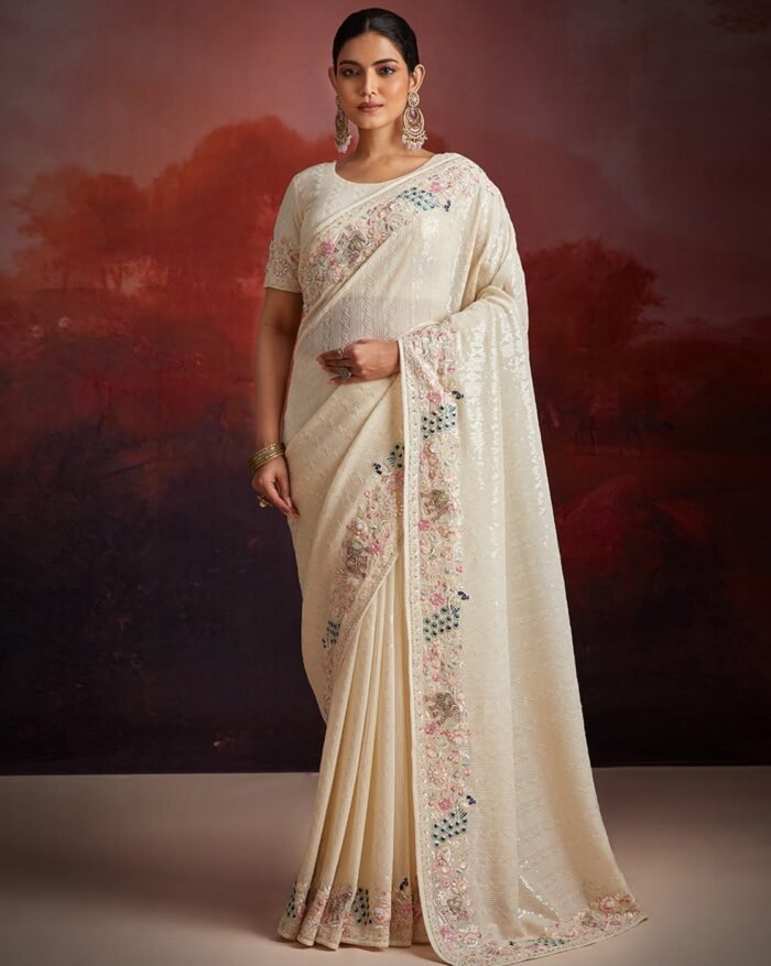 Women Embroidered Saree with Contrast Border - Image 1