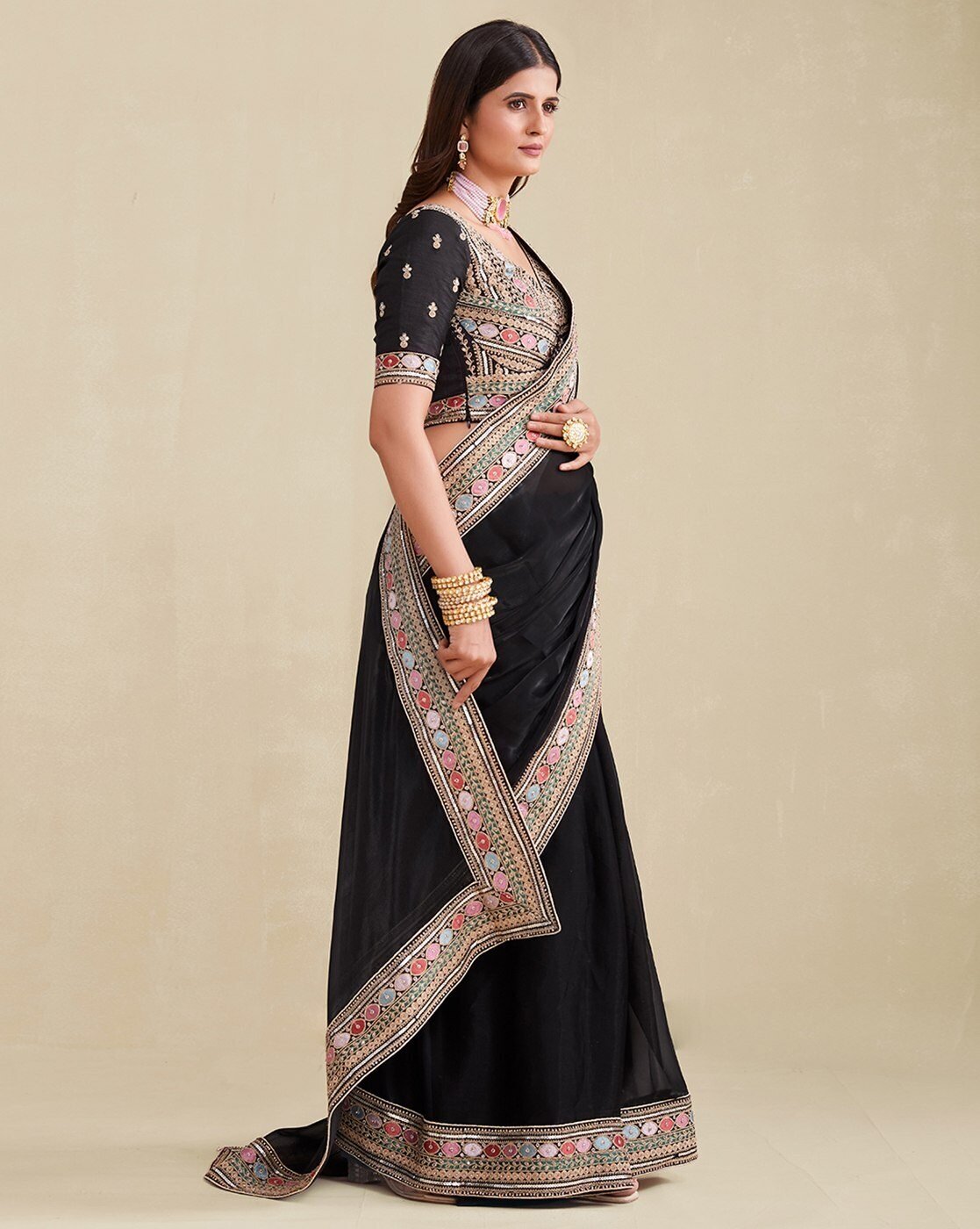 -1117Wx1400H-701049048-black-MODEL2 Women Embroidered Saree with Contrast Border - Image 2
