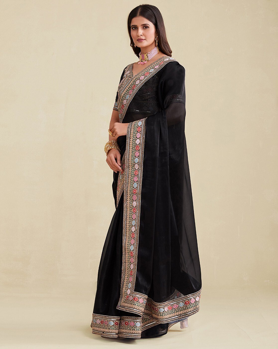 -1117Wx1400H-701049048-black-MODEL4 Women Embroidered Saree with Contrast Border - Image 4