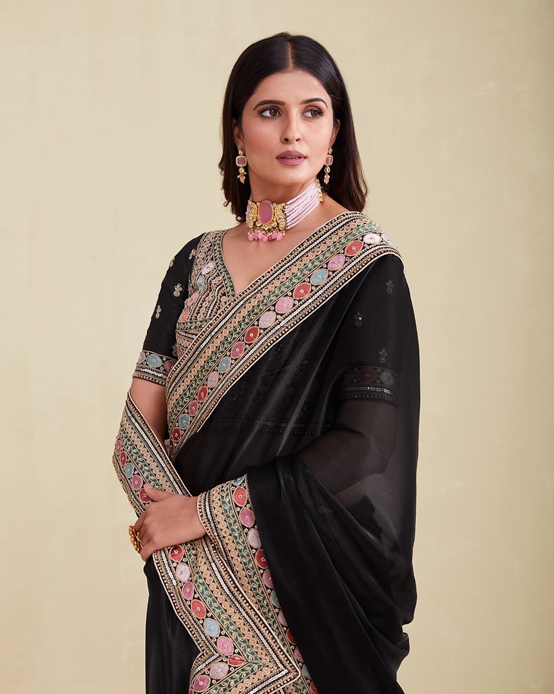 -1117Wx1400H-701049048-black-MODEL7 Women Embroidered Saree with Contrast Border - Image 7