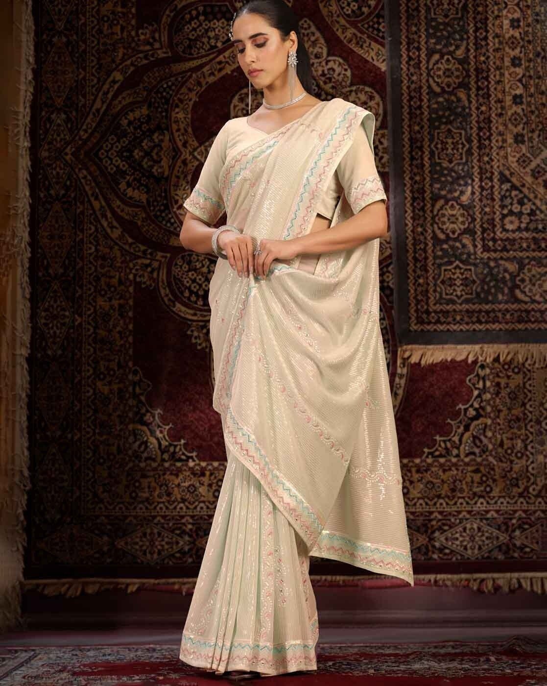 -1117Wx1400H-701049098-offwhite-MODEL2 Women Embroidered Saree with Contrast Border - Image 5
