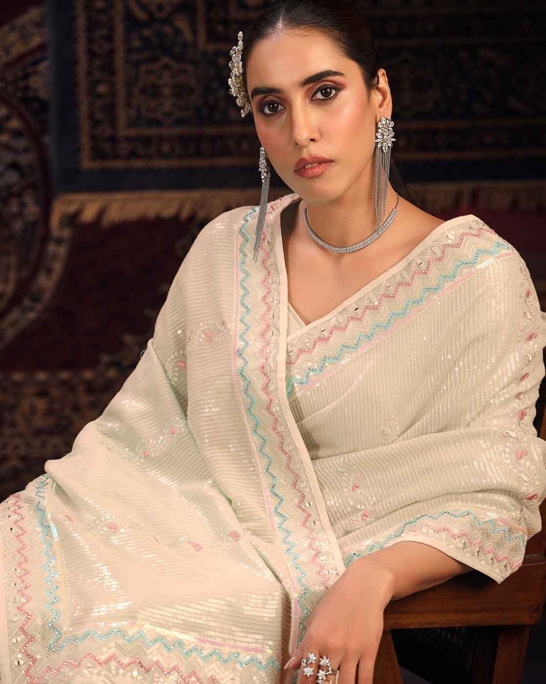 -1117Wx1400H-701049098-offwhite-MODEL4 Women Embroidered Saree with Contrast Border - Image 3