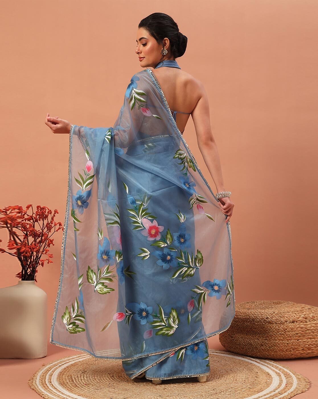 -1117Wx1400H-701202718-blue-MODEL4 Women Hand Floral Printed Organza Saree - Image 3