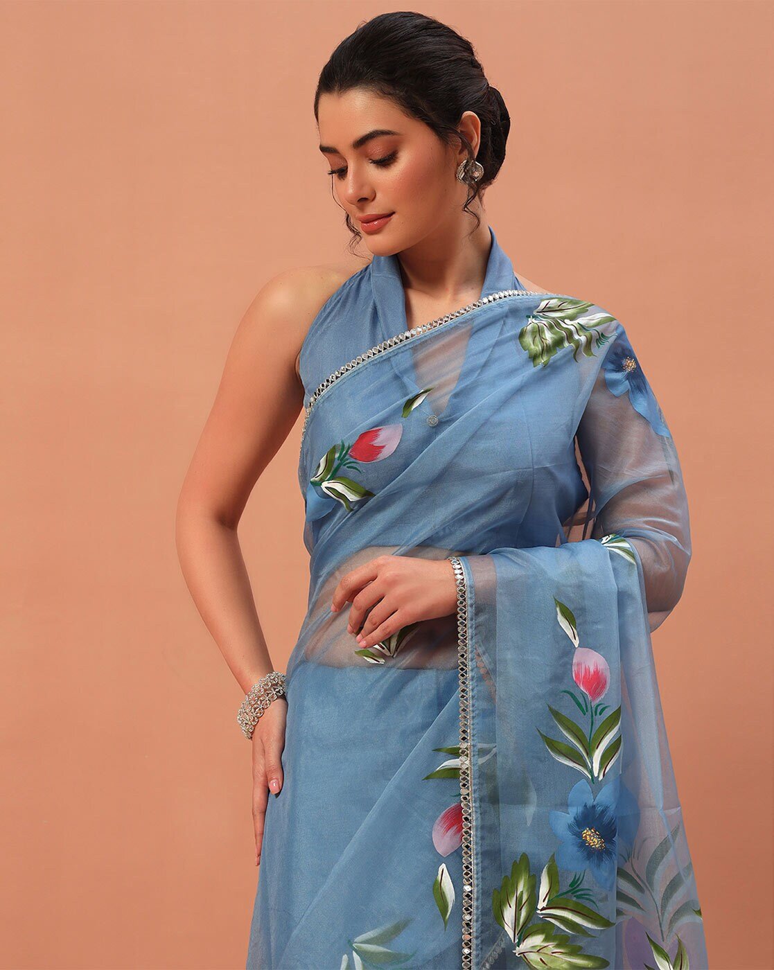 -1117Wx1400H-701202718-blue-MODEL6 Women Hand Floral Printed Organza Saree - Image 2
