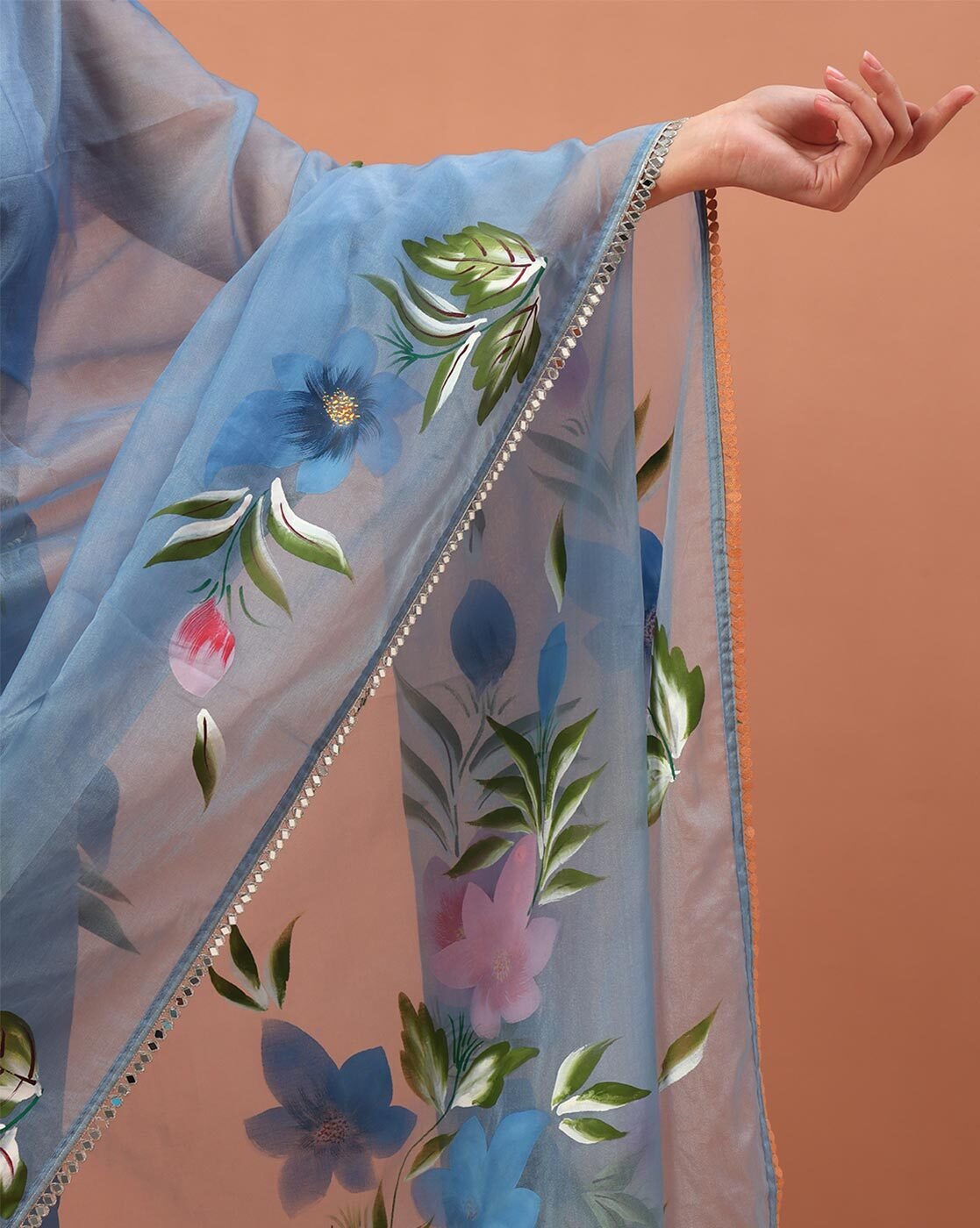 -1117Wx1400H-701202718-blue-MODEL7 Women Hand Floral Printed Organza Saree - Image 4