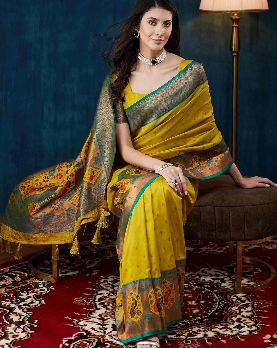 -1117Wx1400H-701342195-green-MODEL4 Women Silk Traditional Saree with Zari Border - Image 4