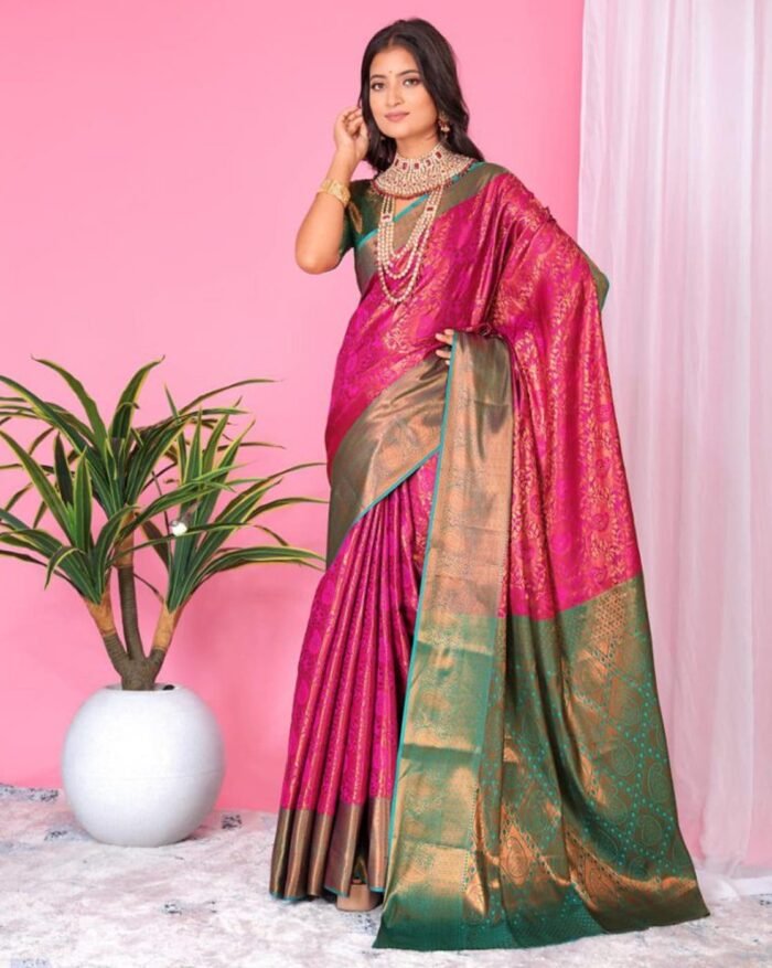 Women Floral Woven Banarasi Saree with Contrast Border - Image 1