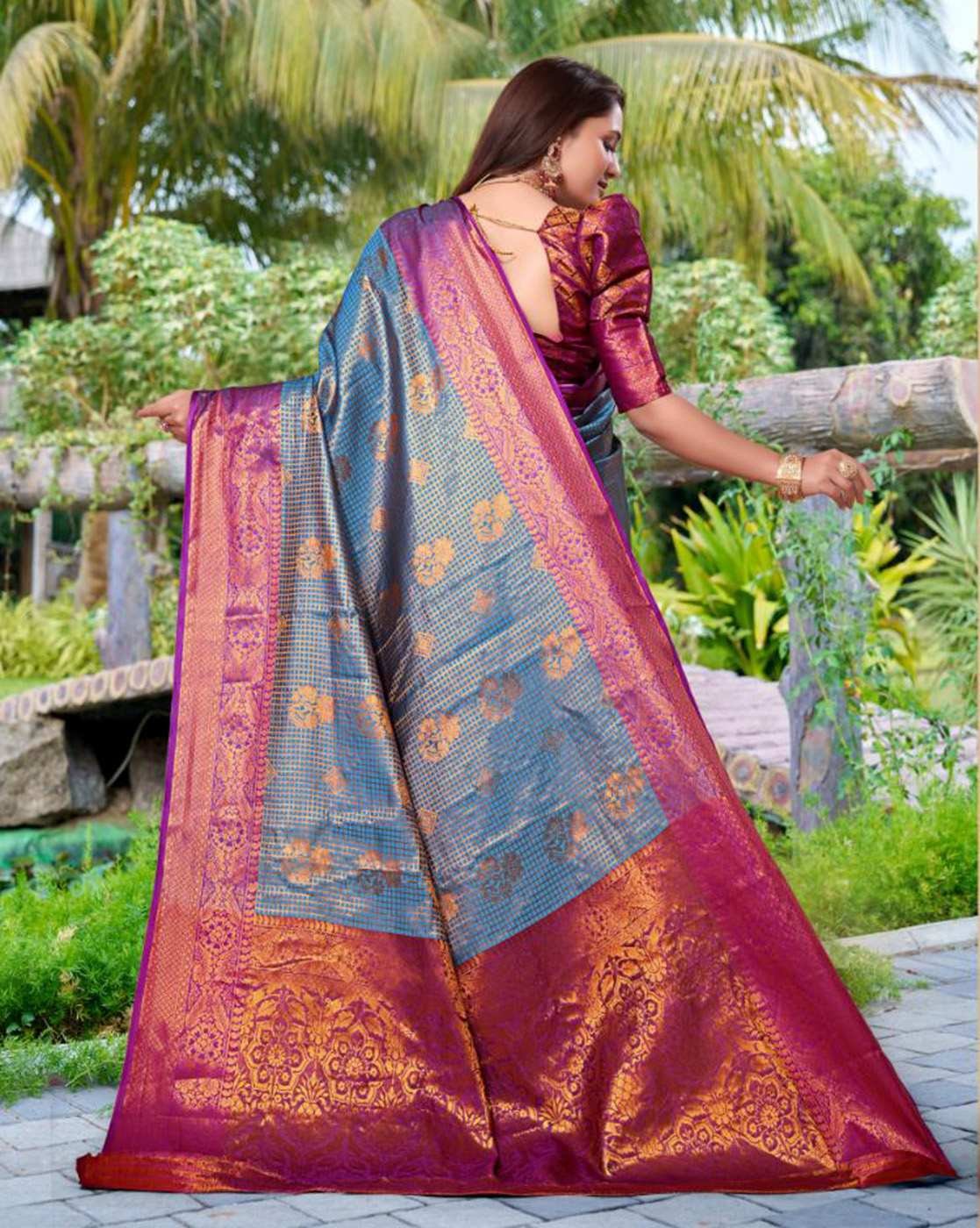 -1117Wx1400H-701360628-aqua-MODEL2 Women Jacquard Saree With Unstitched Blouse - Image 2