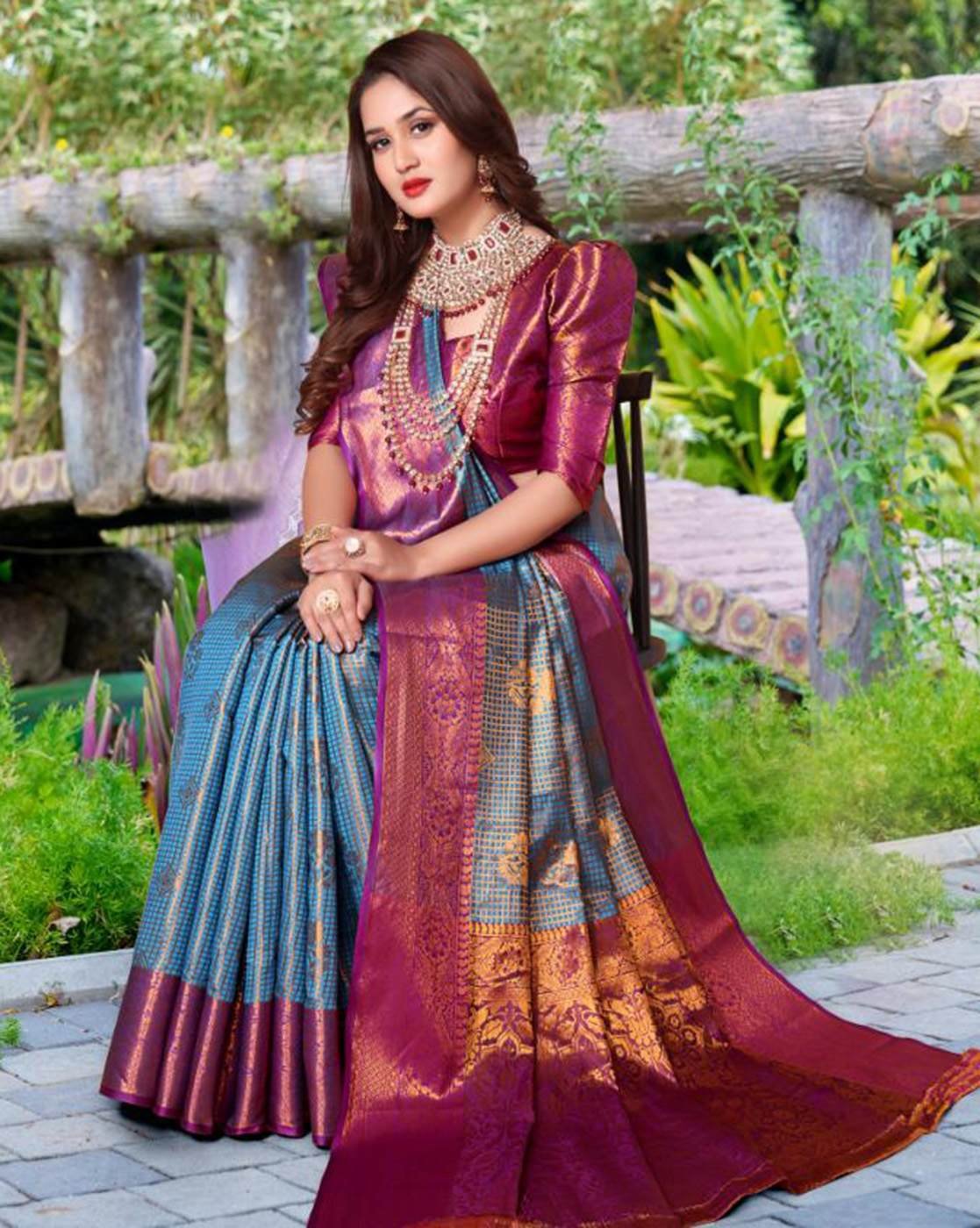 -1117Wx1400H-701360628-aqua-MODEL3 Women Jacquard Saree With Unstitched Blouse - Image 3