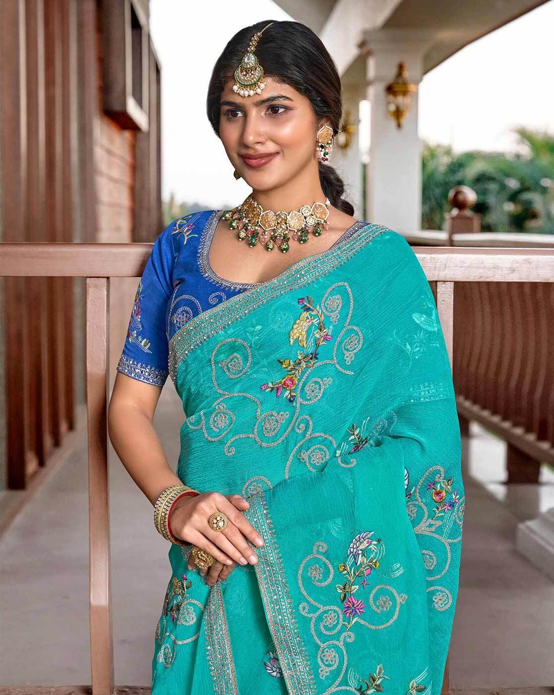 -1117Wx1400H-701375753-blue-MODEL2 Women Embroidered Saree with Blouse Piece - Image 2