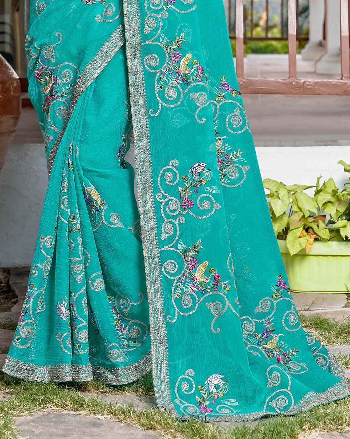 -1117Wx1400H-701375753-blue-MODEL3 Women Embroidered Saree with Blouse Piece - Image 3