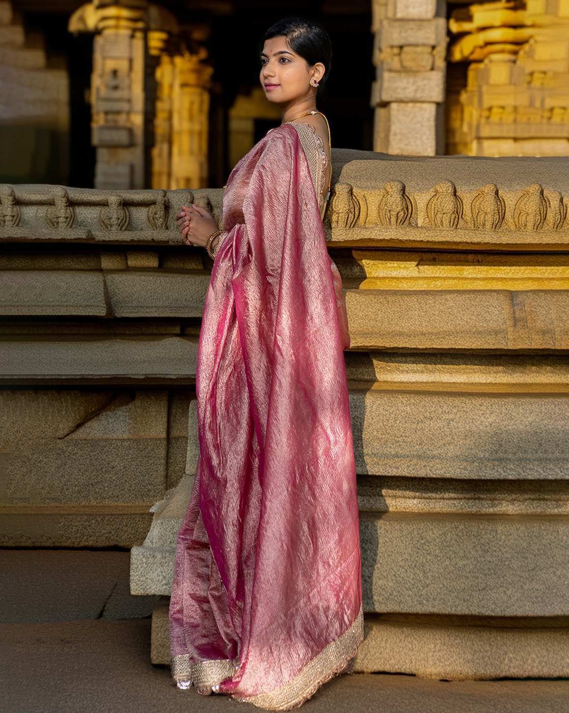 -1117Wx1400H-701465644-pink-MODEL2 Women Banarasi Silk Saree with Contrast Border - Image 3