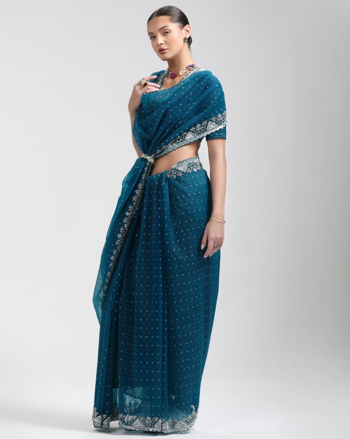 -1117Wx1400H-701476290-blue-MODEL2 Women Lace Embellished Ethntic Saree - Image 3