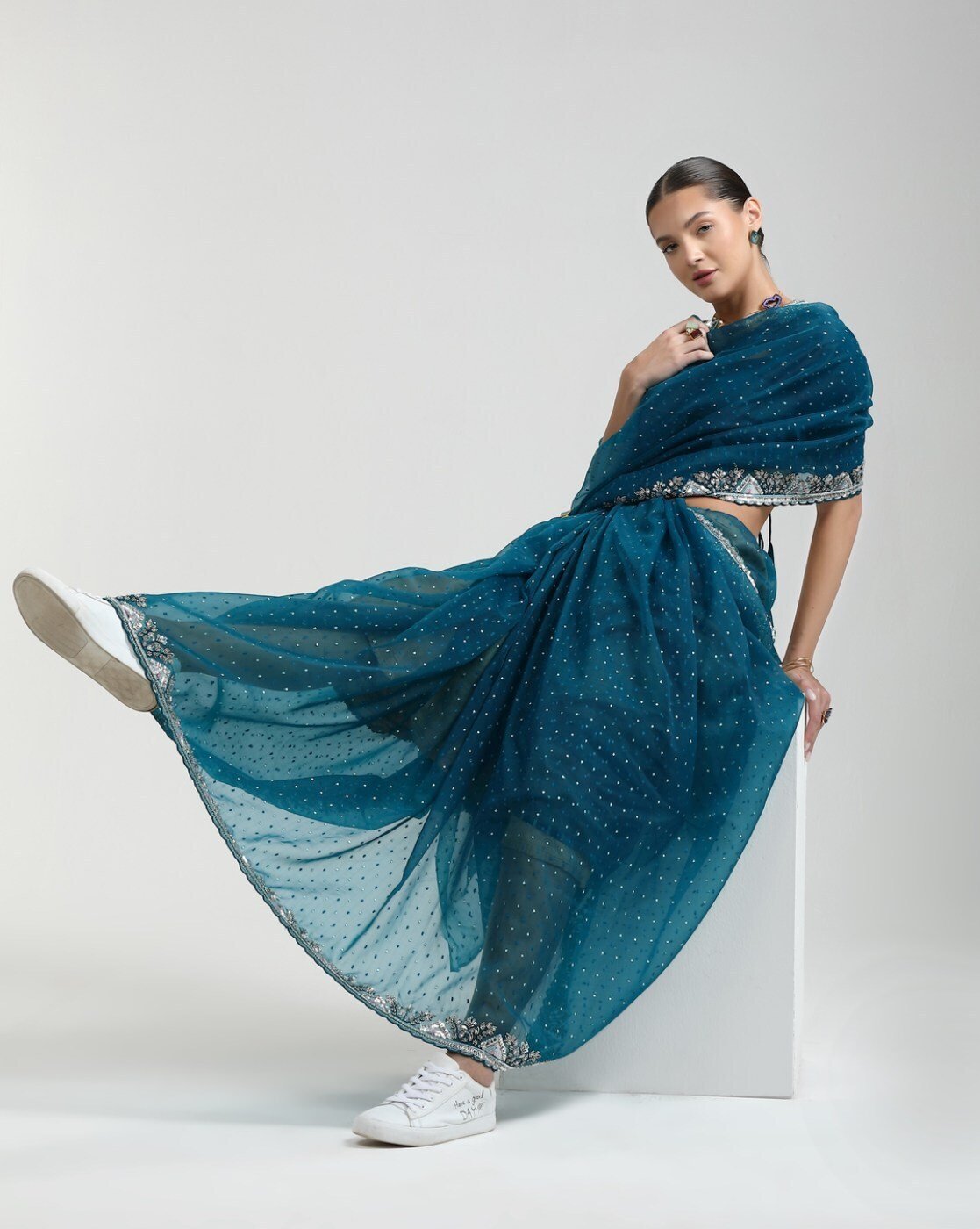 -1117Wx1400H-701476290-blue-MODEL4 Women Lace Embellished Ethntic Saree - Image 4