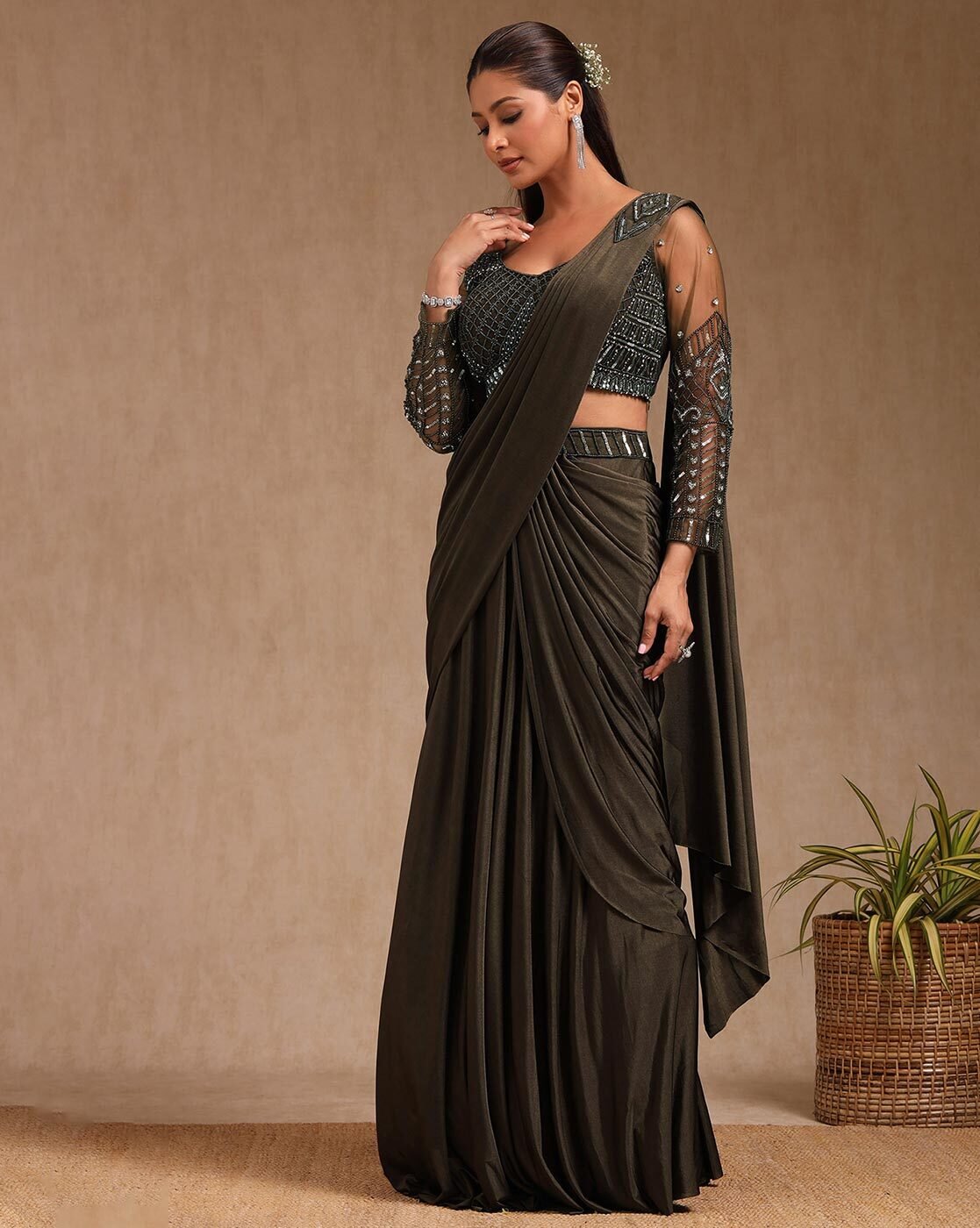 -1117Wx1400H-701481602-olive-MODEL2 Women Ready To Wear Saree - Image 2