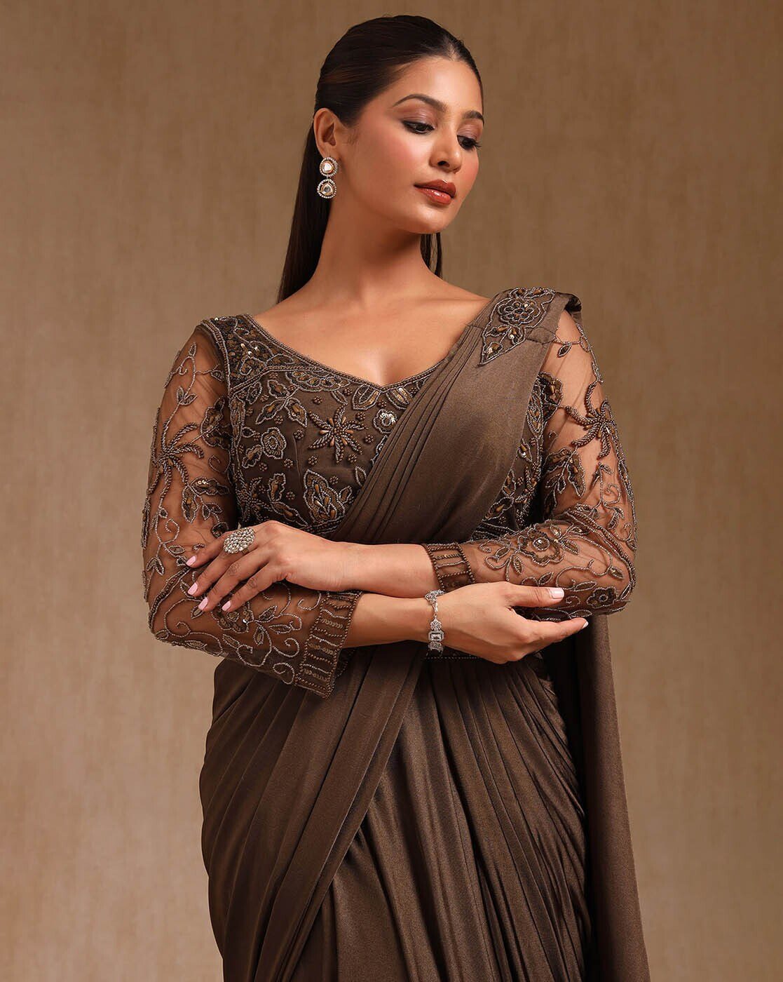 -1117Wx1400H-701481604-brown-MODEL4 Women Ready To Wear Saree - Image 3