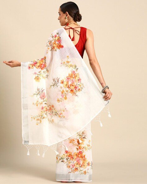 -473Wx593H-700764776-white-MODEL2 Women Floral Print Saree with Tassels - Image 2