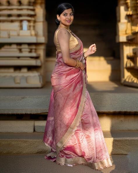 -473Wx593H-701465644-pink-MODEL4 Women Banarasi Silk Saree with Contrast Border - Image 2